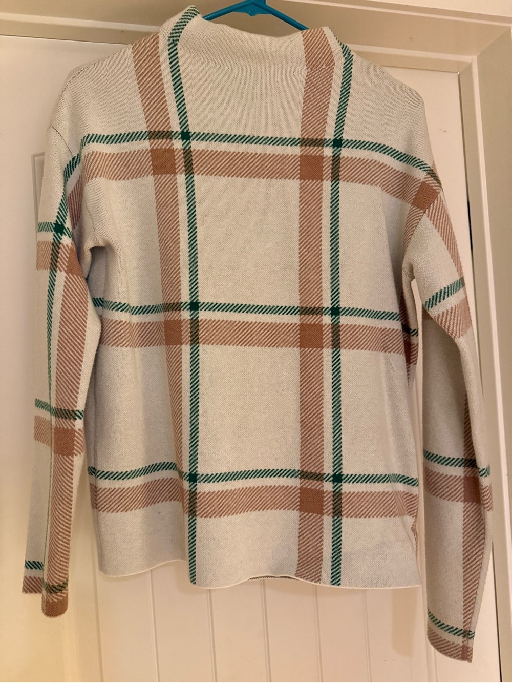 Tahari Cream Plaid Turtleneck Sweater with Tan and Green Accents